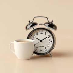 A cup of coffee with latte art next to a vintage alarm clock, symbolizing the morning routine and time for coffee.