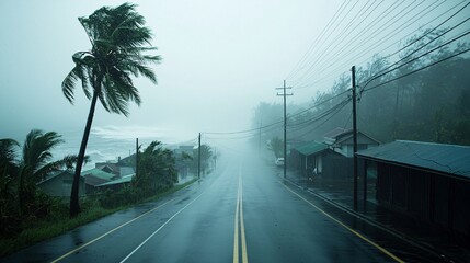 Poster - Tropical storm approaching a coastal town, stormy weather, heavy rain and wind