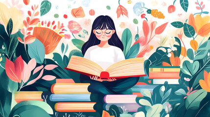 Wall Mural - World book day illustration. Love reading