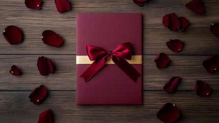 Burgundy and gold wedding invitation with ornate calligraphy, tied with a silk ribbon, lying on a wooden table surrounded by dark red rose petals 