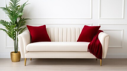 Poster - Deep burgundy throw blanket draped over a cream-colored sofa, with gold-accented cushions, creating a luxurious and cozy living room setup 