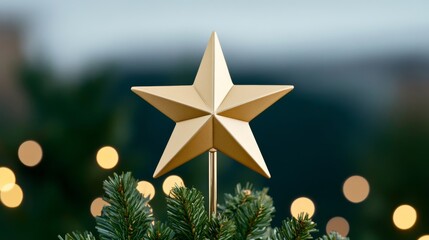 Wall Mural - Delicate pastel Christmas star tree topper in soft gold, glowing softly at the top of a pastel-decorated tree, with twinkling lights below 