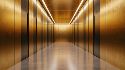 Poster - Dimly lit crematory chamber with soft golden light reflecting off the metal walls, creating a solemn atmosphere, symbolizing quiet reflection and final goodbyes 