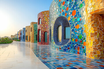 A row of colorful buildings with a mosaic design. The buildings are arranged in a row and are of different colors. The buildings have a unique and artistic design that makes them stand out