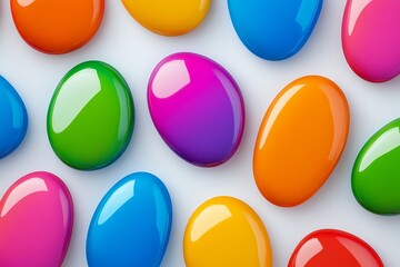 Poster - Row of colorful spheres with a white background. The spheres are of different colors. Concept of vibrancy, diversity. vibrant, glossy blobs in various colors floating on a clean, white background.