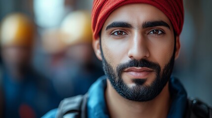 Wall Mural - Man with a red hat and beard is looking at the camera. He is wearing a blue shirt and a backpack. Arab man in modern, casual attire, representing a variety of professions