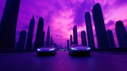 Neon-lit cityscape with towering skyscrapers, flying cars zooming between, under a glowing purple sky, stars barely visible through urban haze 