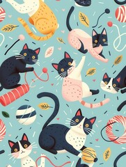 Poster - A playful gathering of cats delightfully interacting with various toys, including colorful yarn and balls, in a lively atmosphere. Generative AI
