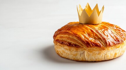 Sticker - Traditional Epiphany cake, a galette des rois, with golden puff pastry, a hidden fève inside, and a paper crown nearby on a white background 