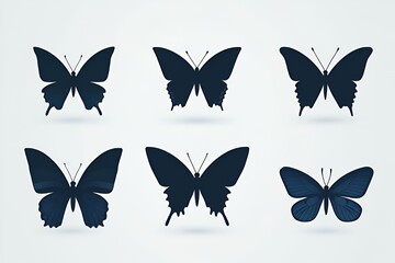 Wall Mural - Six black silhouettes of butterflies on a white background.