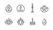 © Chaikit - 2410_046.a clean and minimalistic grid of meditation and yoga retreat symbols in thin black lines, including om symbol, prayer beads, lotus flower, incense holder, and balancing stones each icon is