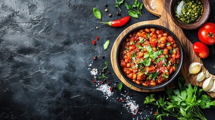 polish baked beans in a thick tomato sauce, with sausage pieces, rustic eastern european dish