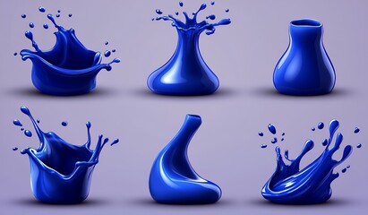 Poster - Blue liquid splashes around vases of various shapes.