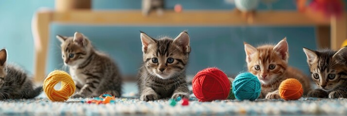 Poster - Five playful kittens are engaged with colorful yarn and balls, showcasing their curiosity and joy in a bright indoor space. Generative AI