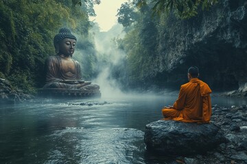 A monk meditating by a tranquil river in a dense forest with soft mist rising from the water