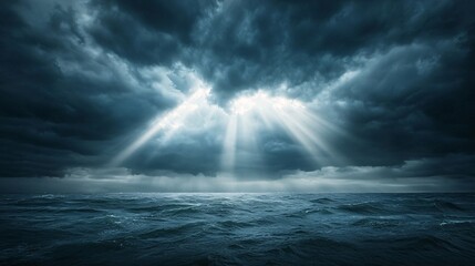 Poster - Sun rays breaking through dark storm clouds over the ocean, dramatic weather, hope after the storm