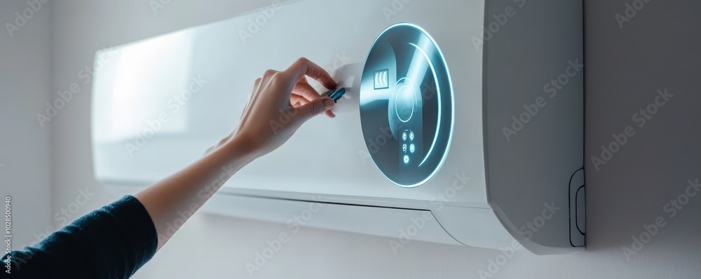 A hand adjusting the temperature settings on a modern air conditioning ...