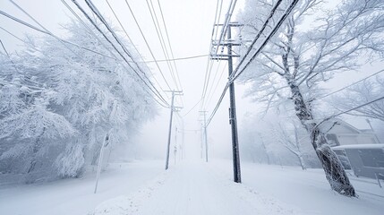 Poster - Ice storm covering trees and power lines with a layer of ice, freezing weather, dangerous beauty