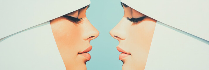 Canvas Print - Two women's faces, mirrored, looking at each other.