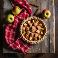 Poster - Apple pie with cinnamon on a wooden table with a red cloth, top view