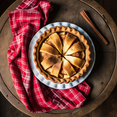 Poster - Apple pie with cinnamon on a wooden table with a red cloth, top view