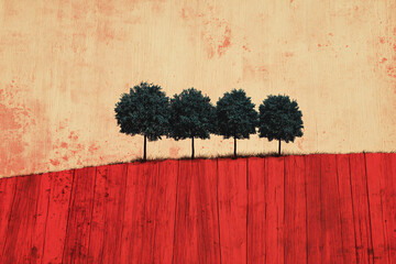 Minimalist landscape with four trees on a red and beige textured field
