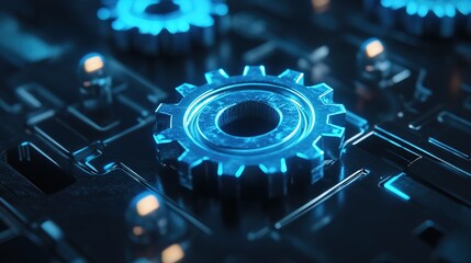 futuristic blue gears icon in sleek 3d render digital illustration