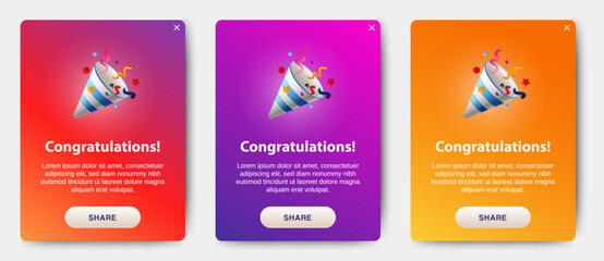 congratulations pop up banner with flat design on white background. Professional web design, full set of elements. User-friendly design materials.