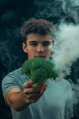 handsome young man holding a smoking broccoli