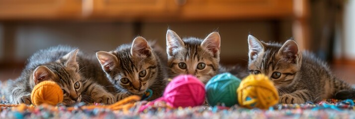 Poster - Four adorable kittens are joyfully playing with vibrant yarn balls, showcasing their playful antics in a warm, inviting room. Generative AI