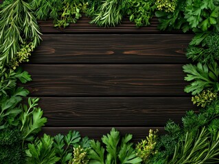 Fresh green herbs arranged around a dark wooden background.