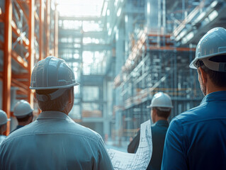 Poster - A group of construction workers are standing in a large building