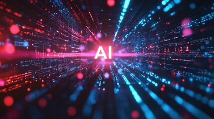 AI word in electronic stream of data and colorful light spread copyspace banner background
