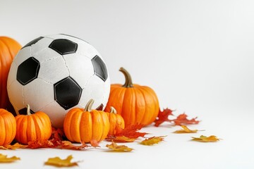 The ball for football with pumpkins on the white background. The picture is awesome for fall football game invitation card with generative ai