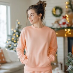 Women's peach sweatshirt mockup. Young female model long sleeve shirt mock up. Women's casual t-shirt, front view, Christmas home indoor background. Blank shirt template