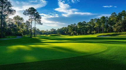 Sticker - A Golf Course Fairway Surrounded by Lush Green Trees Under a Blue Sky