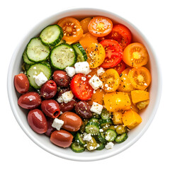 Top view healthy salad white bowl filled with fresh ingredients -  tomatoes, cucumbers, olives and feta cheese isolated on white background