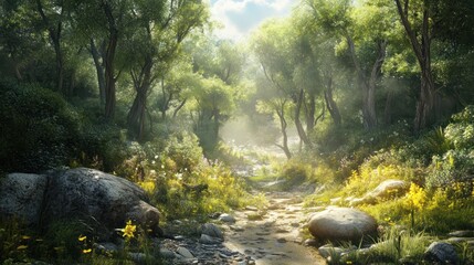 Sticker - Sunlit Forest Path with Stream and Rocks