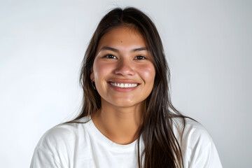 Portrait of native American smiling woman wearing white t-shirt isolated on white background