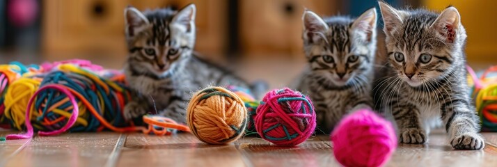 Poster - Three lively kittens play with vibrant yarn balls and strings, exploring their environment with enthusiasm and delight. Generative AI