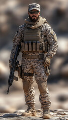 Full-body shot of an army soldier wearing a desert camouflage uniform, holding a rifle and standing on the ground in a modern-day Middle Eastern environment. Photorealistic, with d