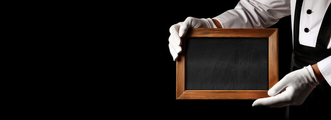 Close-up of the white gloved hands of a chef or a waiter, holding an empty blackboard with wooden frame and copy space, isolated on black background. Template for a restaurant menu. Generative Ai.