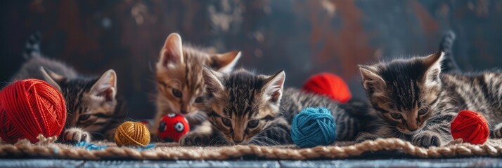 Poster - Kittens energetically explore and play with vibrant yarn balls and toys, showcasing their curious and playful nature in a warm atmosphere. Generative AI