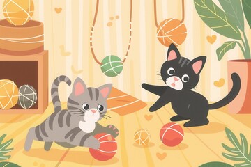Poster - Two cheerful cats are happily playing with vibrant balls and tangled yarn in a warm and inviting indoor environment. Generative AI