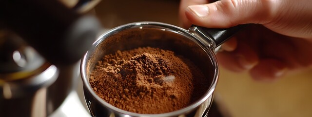 Close-up of hands using an espresso portafilter with ground coffee, ready for making the first shot in an Italian-style cafe setting.