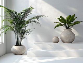 Salón moderno con plantas y fondo blanco, estilo minimalista