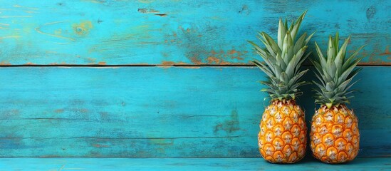 Two ripe pineapples on a blue wooden background.