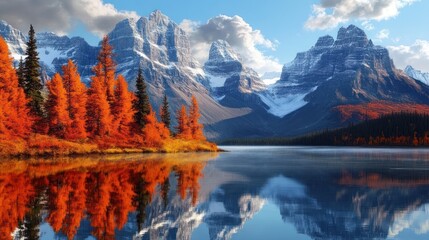 Sticker - Mountain Range Reflected in a Still Lake with Autumn Trees