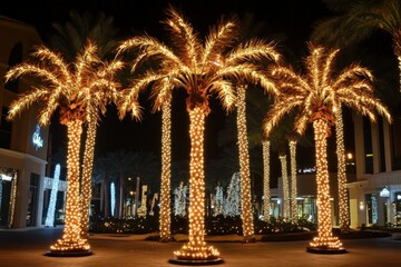 Christmas Palm Trees Lit Up With LED Lights for Festive Nighttime Decoration