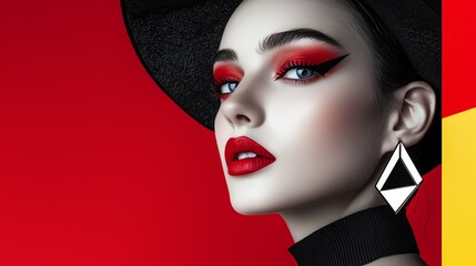 Beautiful woman with striking makeup, red background, fashion expression.